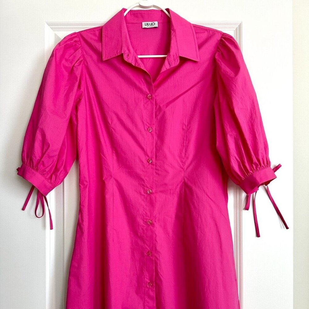 Women's LIU JO Pink Short Puff Sleeve Cotton Mini Shirt Dress Size IT42 US6